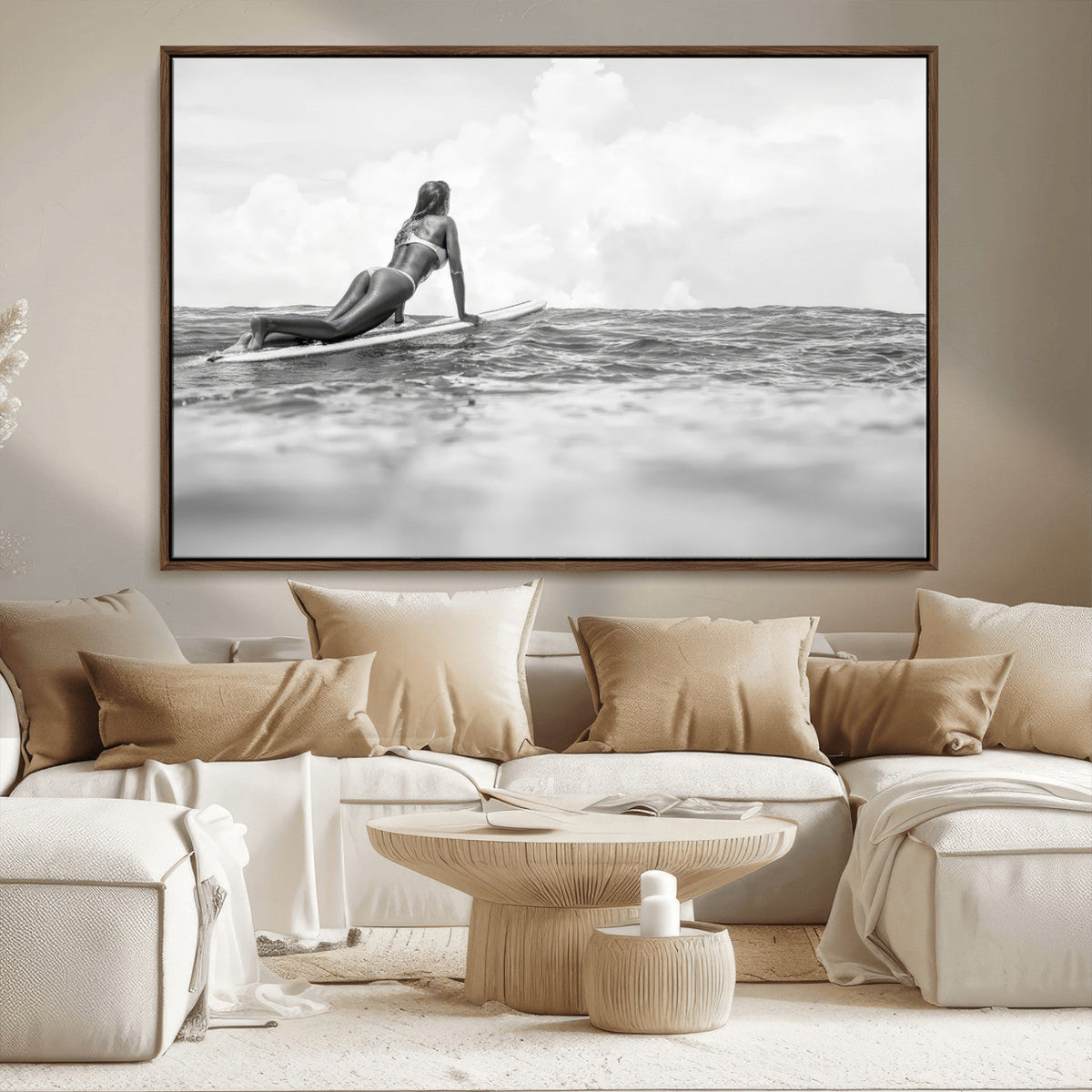Black and White Surfing Wall Art Canvas Print – Framed Ocean