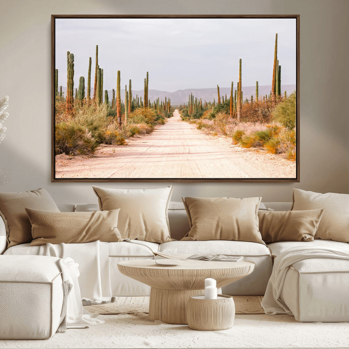 Desert Cactus Lined Road Wall Art Canvas Print – Framed