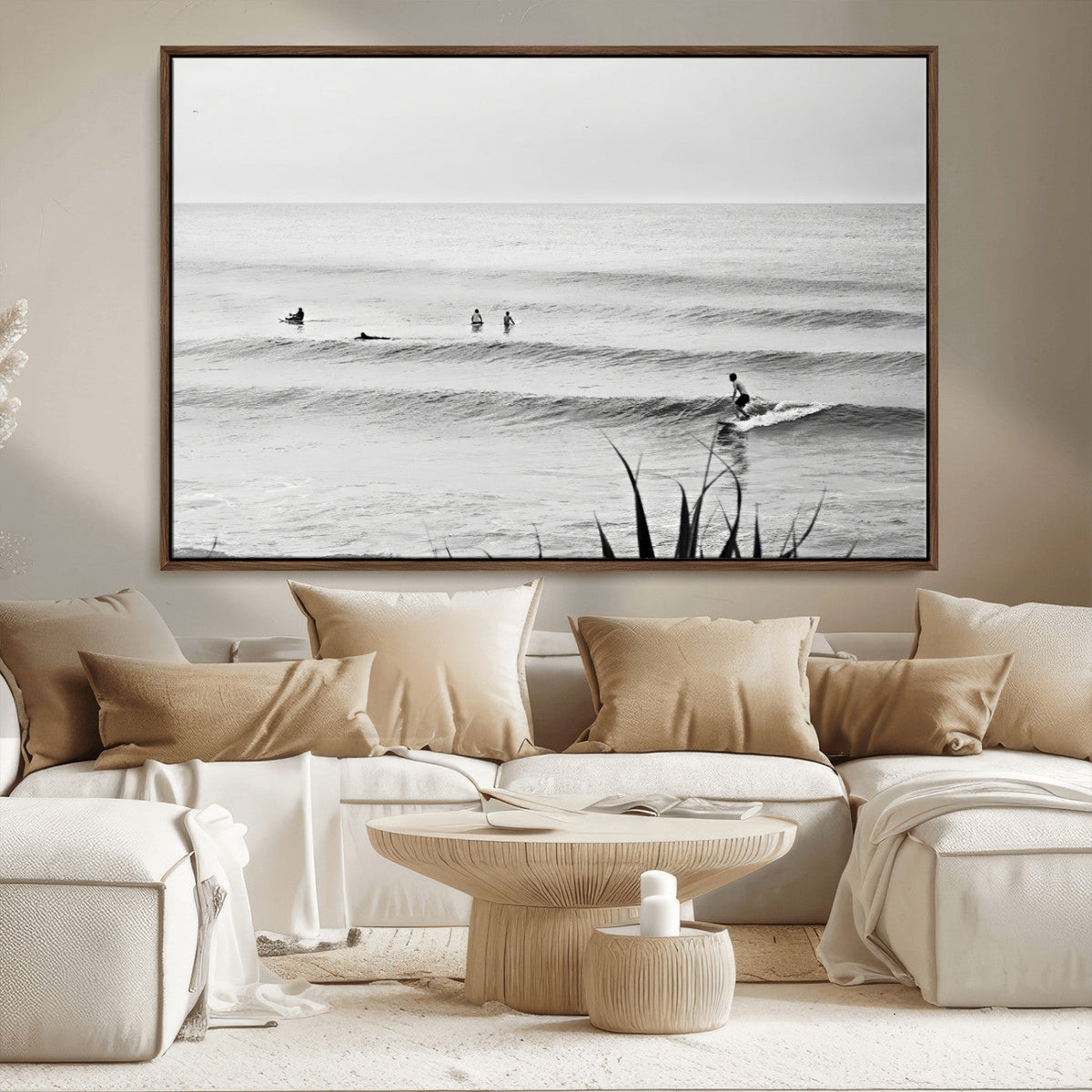 Surfer Silhouette Wall Art – Framed Calm Ocean Canvas