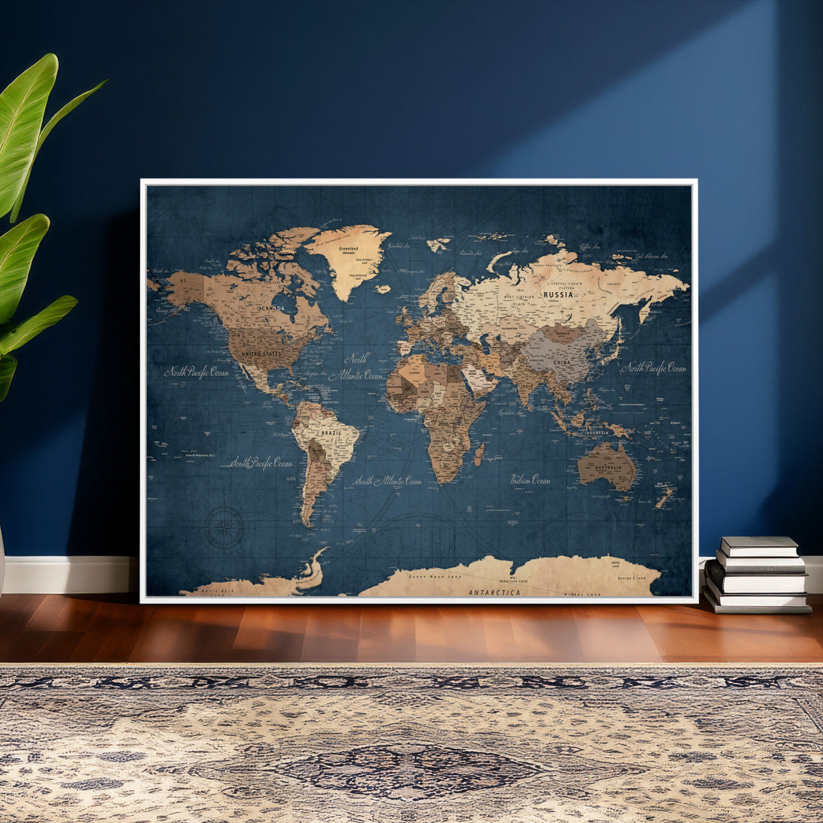 Navy Blue World Map Canvas Print – Framed Travel Map Wall