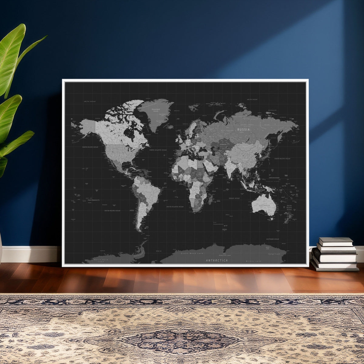 Black World Map Wall Art Canvas Print – Detailed Map of the