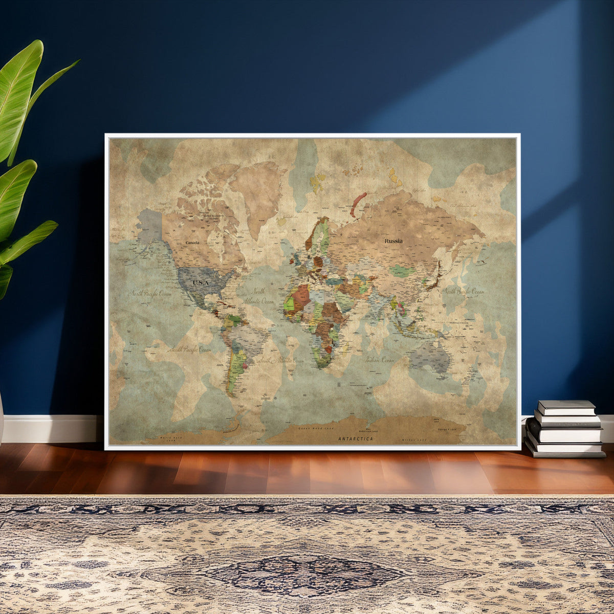 World Map Wall Art Canvas Print, Rustic Map Print, Framed