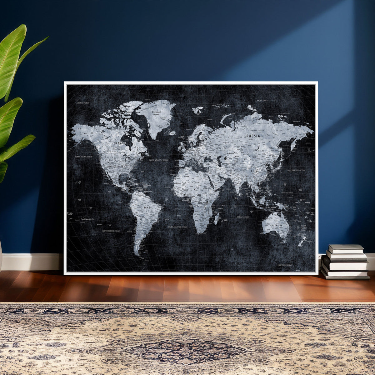 Black World Map Canvas Print – Detailed Map for Couples and