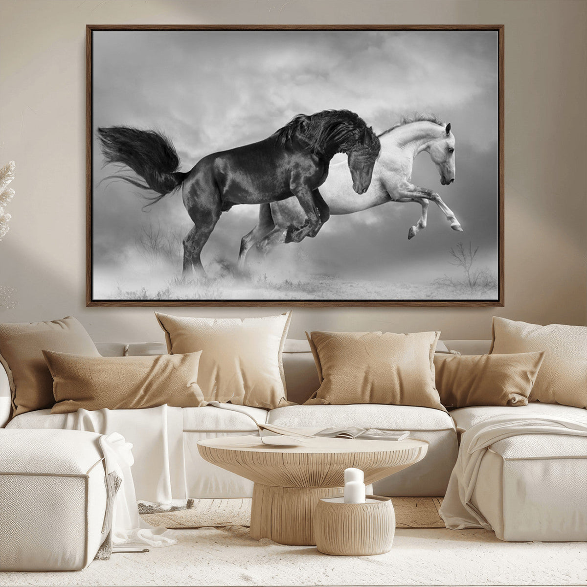 Wild Horses Wall Art Canvas Print – Framed Black and White