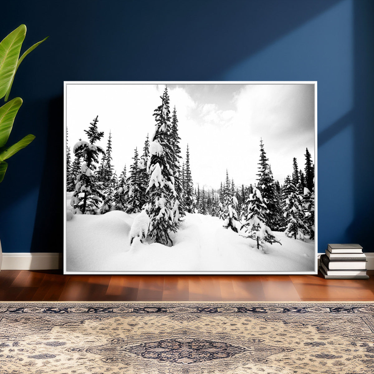Black and White Snowy Pine Forest Wall Art Canvas Print,