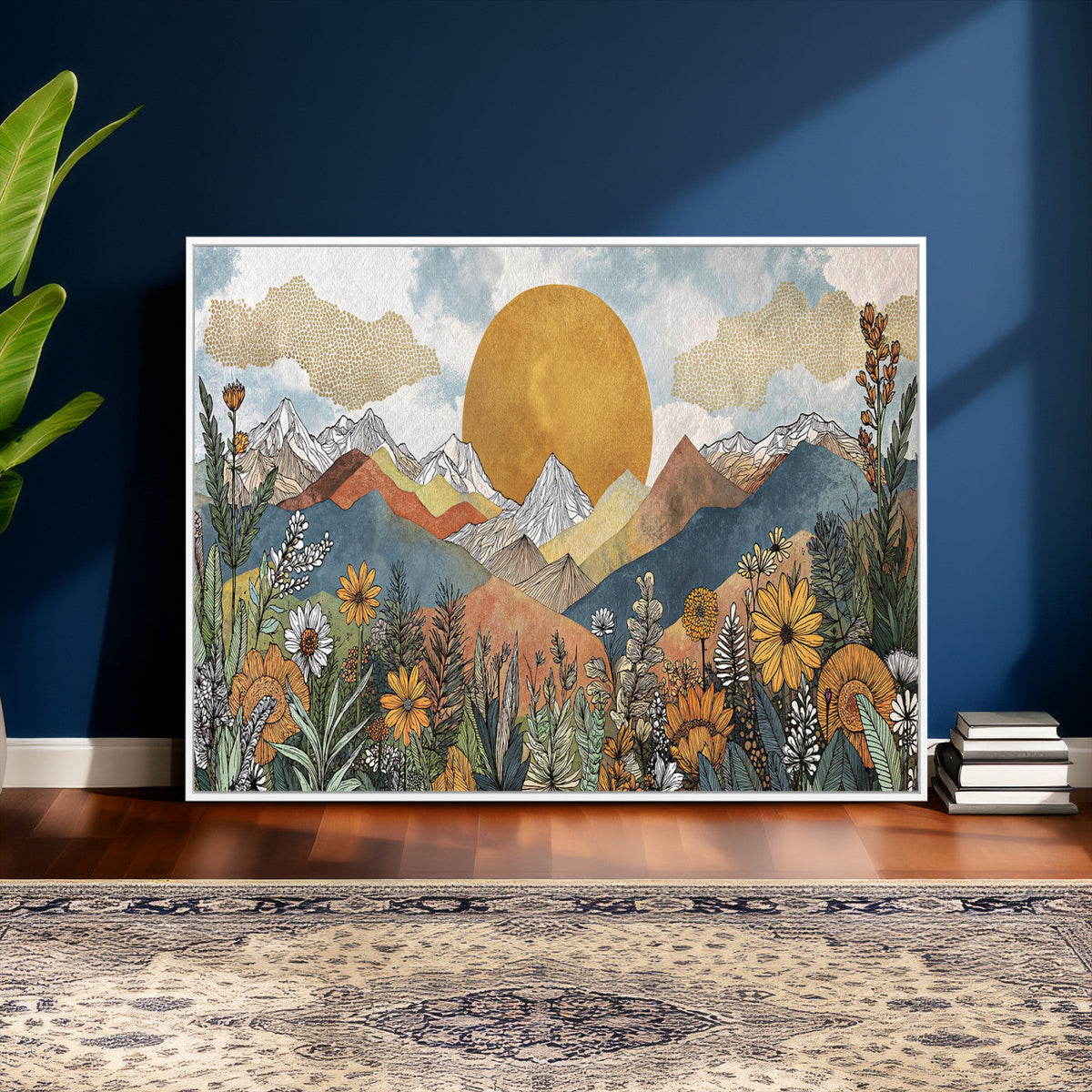 Boho Mountain Landscape Large Wall Art, Horizontal Gold