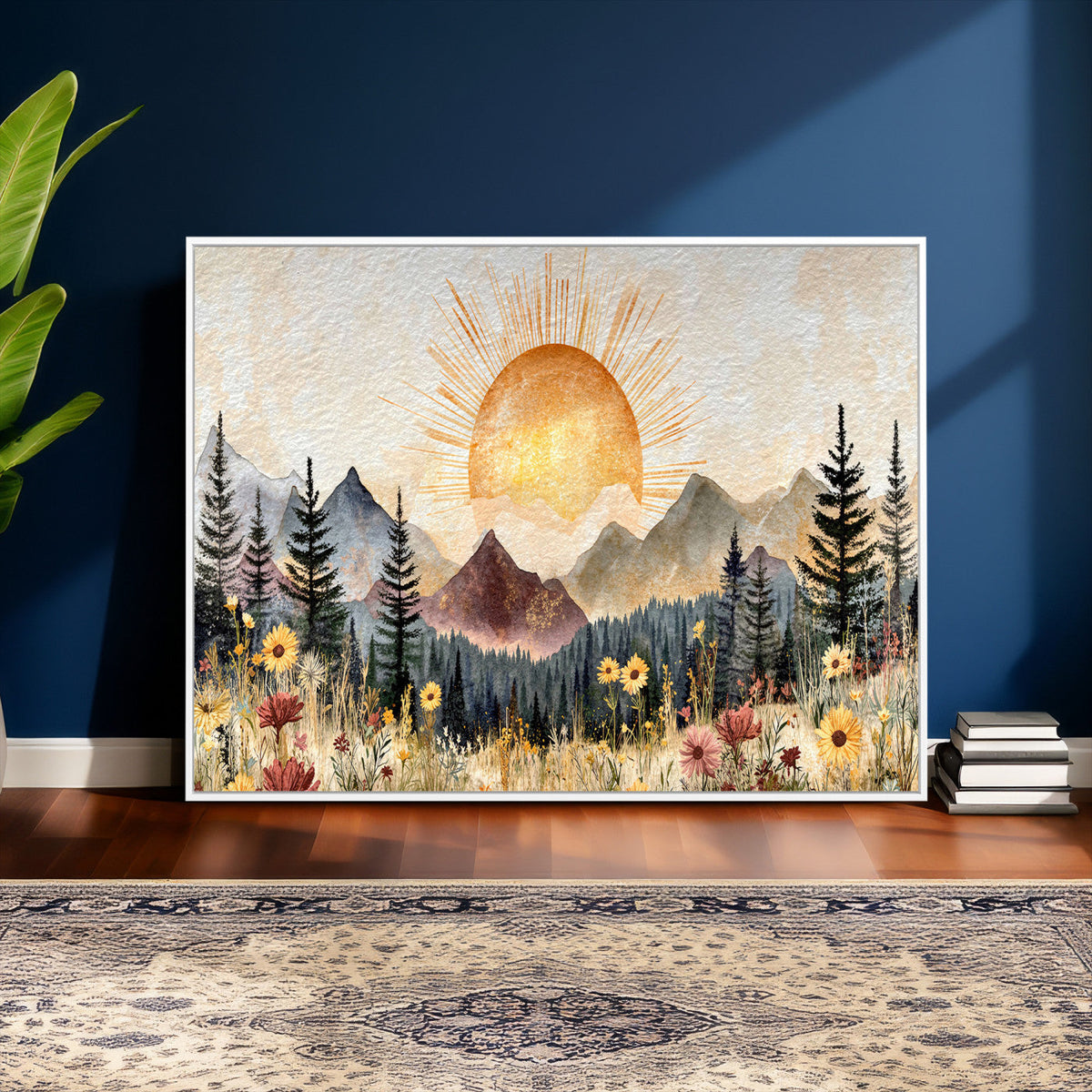 Boho Mountain Landscape Large Wall Art, Horizontal Gold