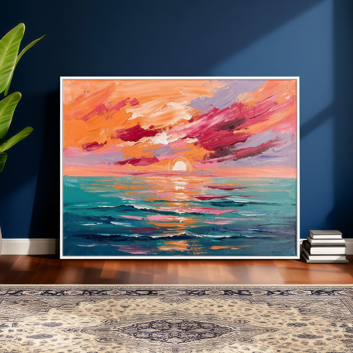 Bold Palette Knife Ocean Sunset Canvas — Orange Pink Teal