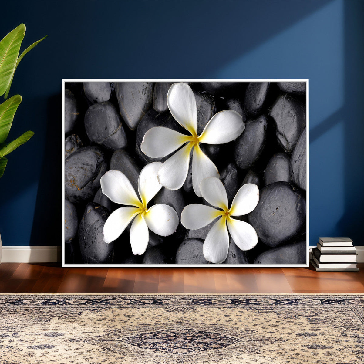 Plumeria Frangipani Black Stone Canvas | White Flower Spa