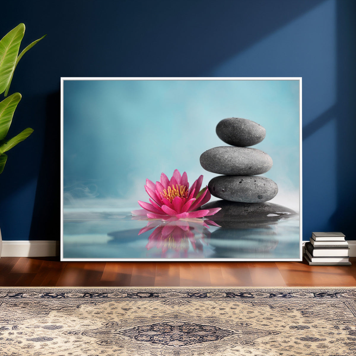 Zen Canvas Wall Art Lotus Flower Stacked Stones Teal Spa