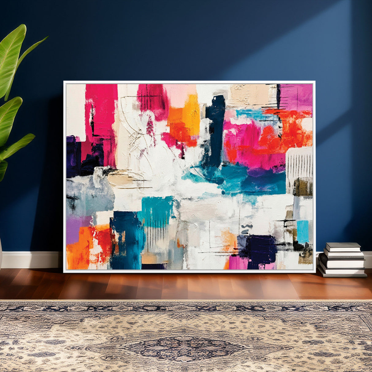 Blue Teal Abstract Canvas Wall Art, Modern Textured Painting Print, Navy Orange White Contemporary Art, Neutral Living Room Decor, Office Art