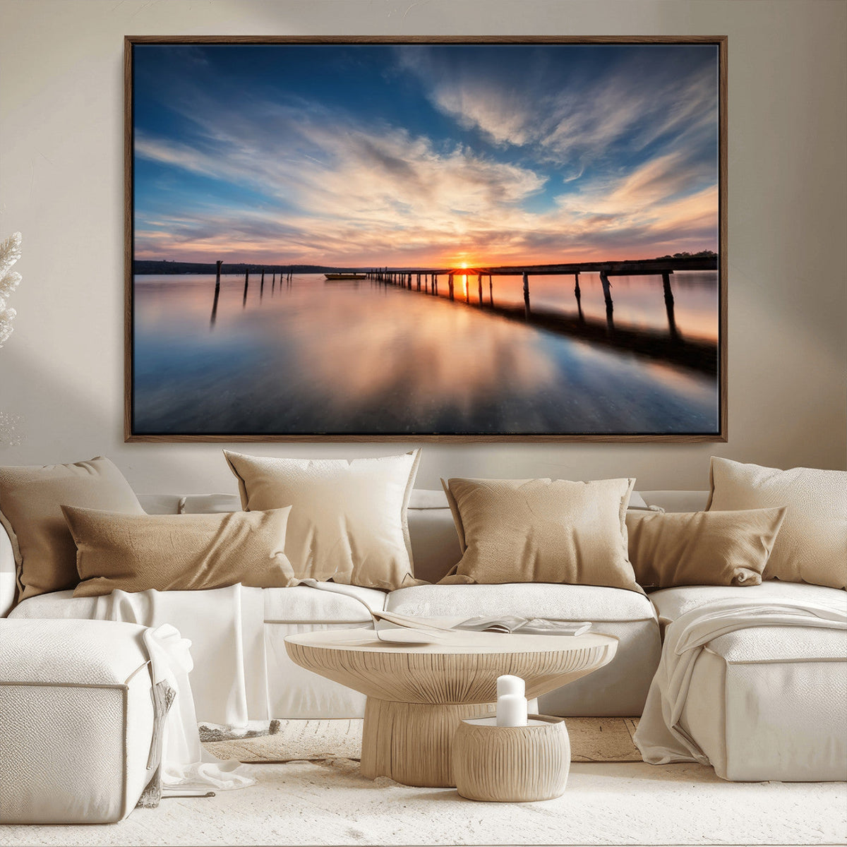 Wooden Pier on Seascape and Sunset Wall Art Canvas Print