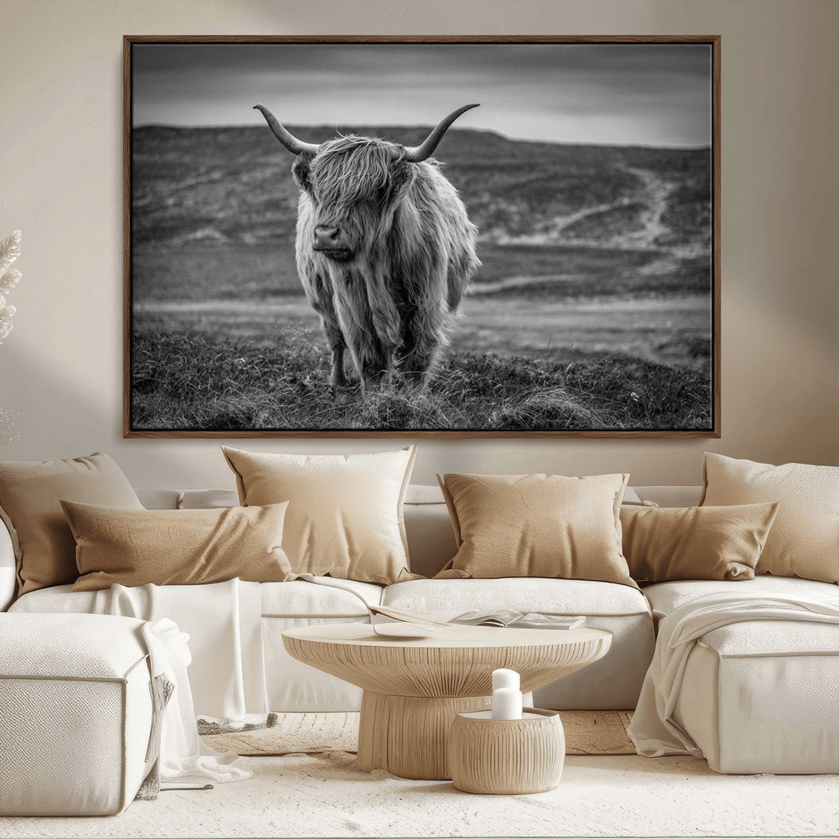 Fluffy Cattle Wall Art Print, Highland Cow Canvas, Framed