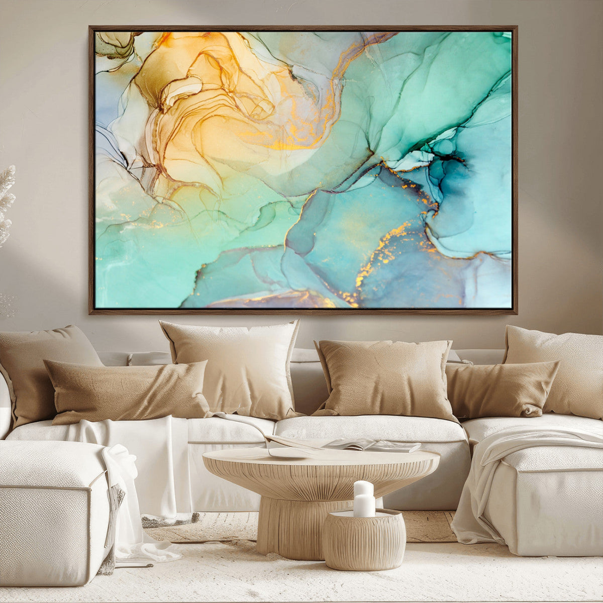Abstract Aqua and Gold Fluid Wall Art Canvas | 3 Panel Large