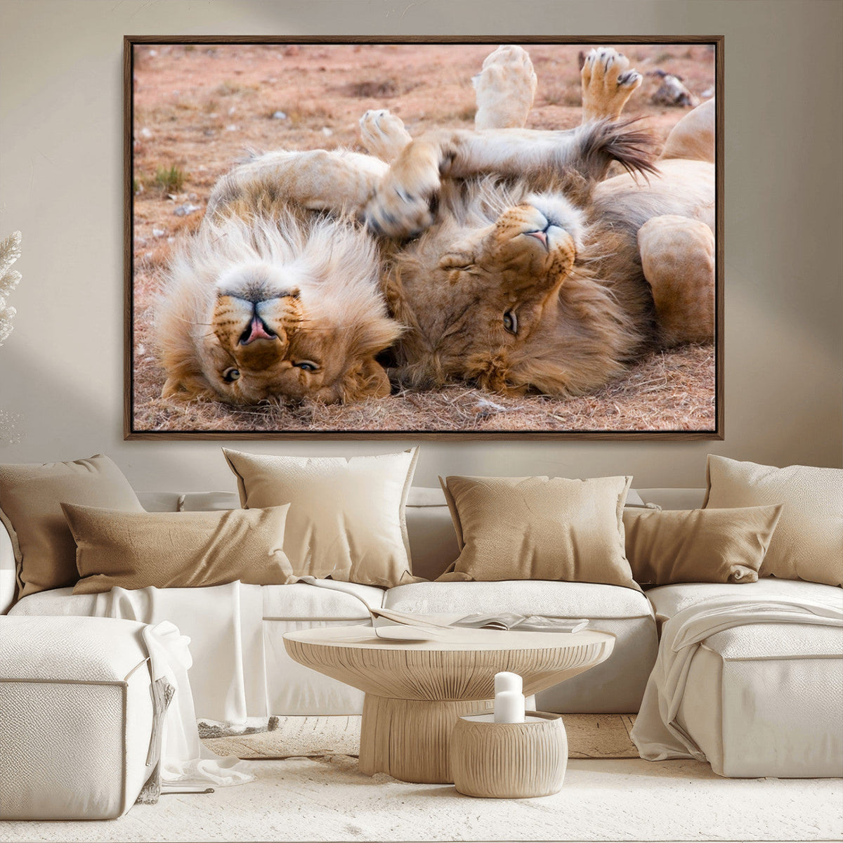 Lion Pair Wall Art Canvas Print – Framed Wildlife Scene with