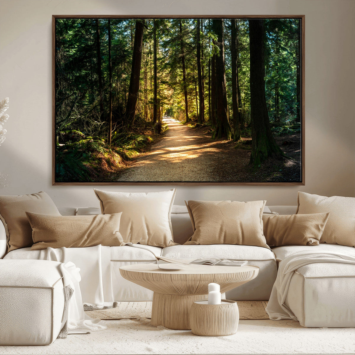 Sunlit Forest Pathway Canvas Print | 3 Panel Large Nature