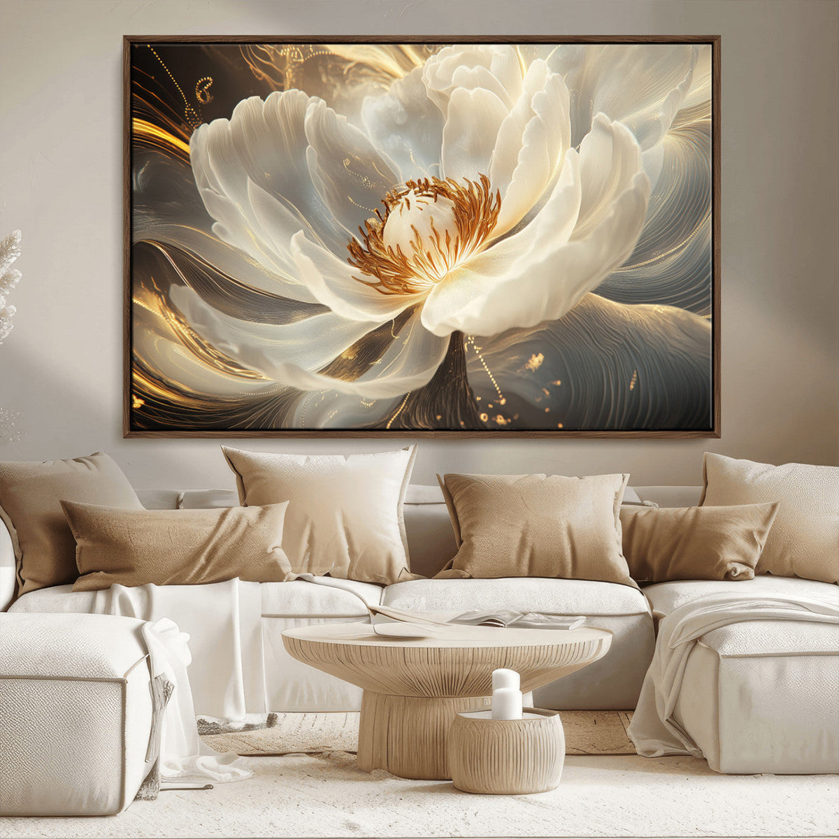 Gold Floral Wall Art Canvas Print, Framed Modern Flower Art