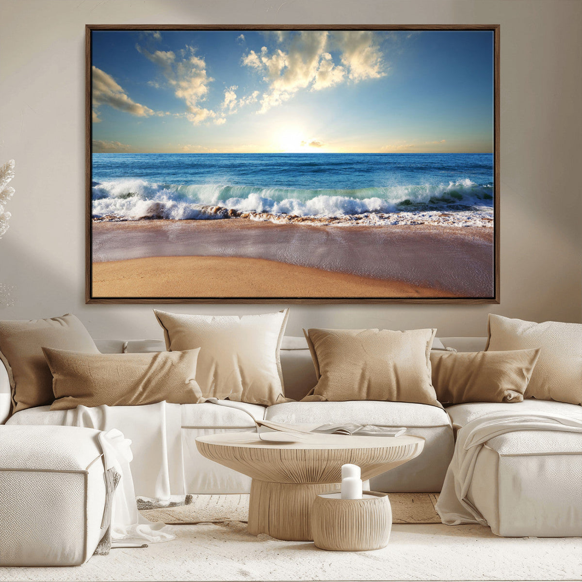 Serene Ocean Sunset Canvas Wall Art - Beach Waves at Sunset,