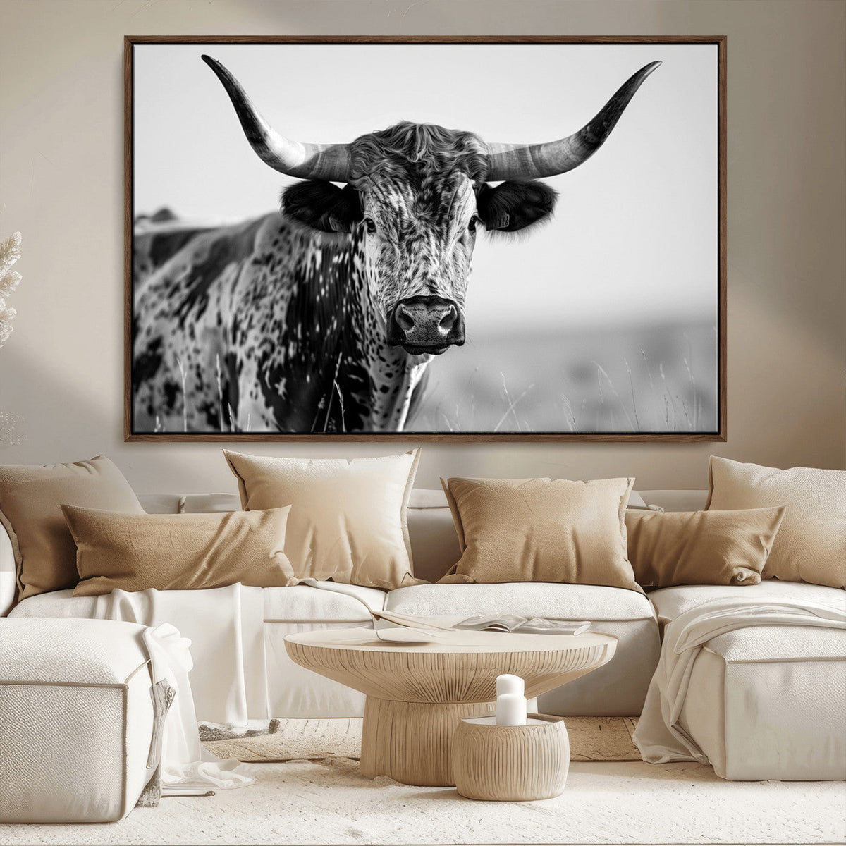 Texas Highland Cow Longhorn Canvas Print - Rustic Farmhouse