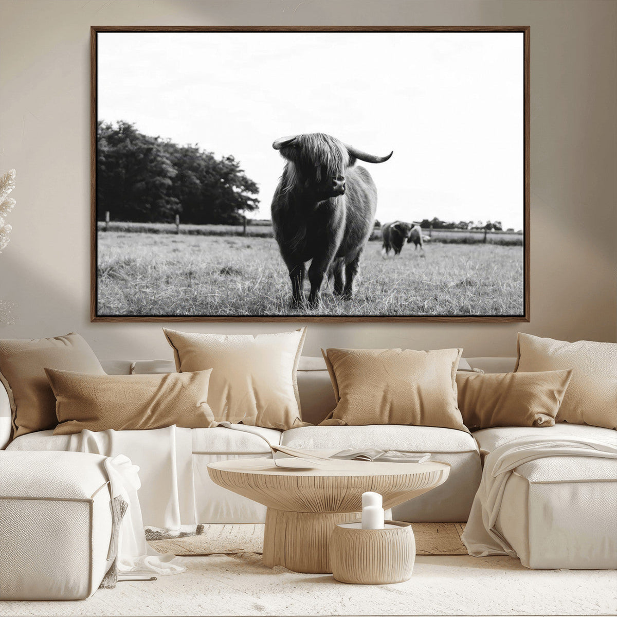Black and White Highland Cow Wall Art Canvas Print | Rustic