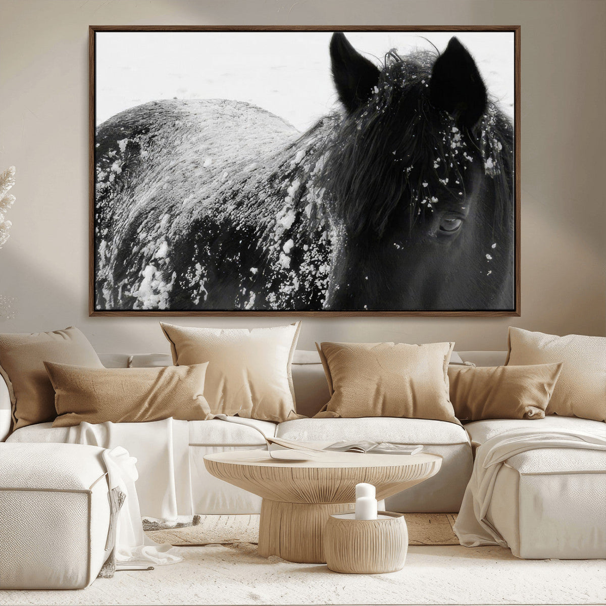 Black Horse in Snow Canvas Print | Winter Horse Wall Art |
