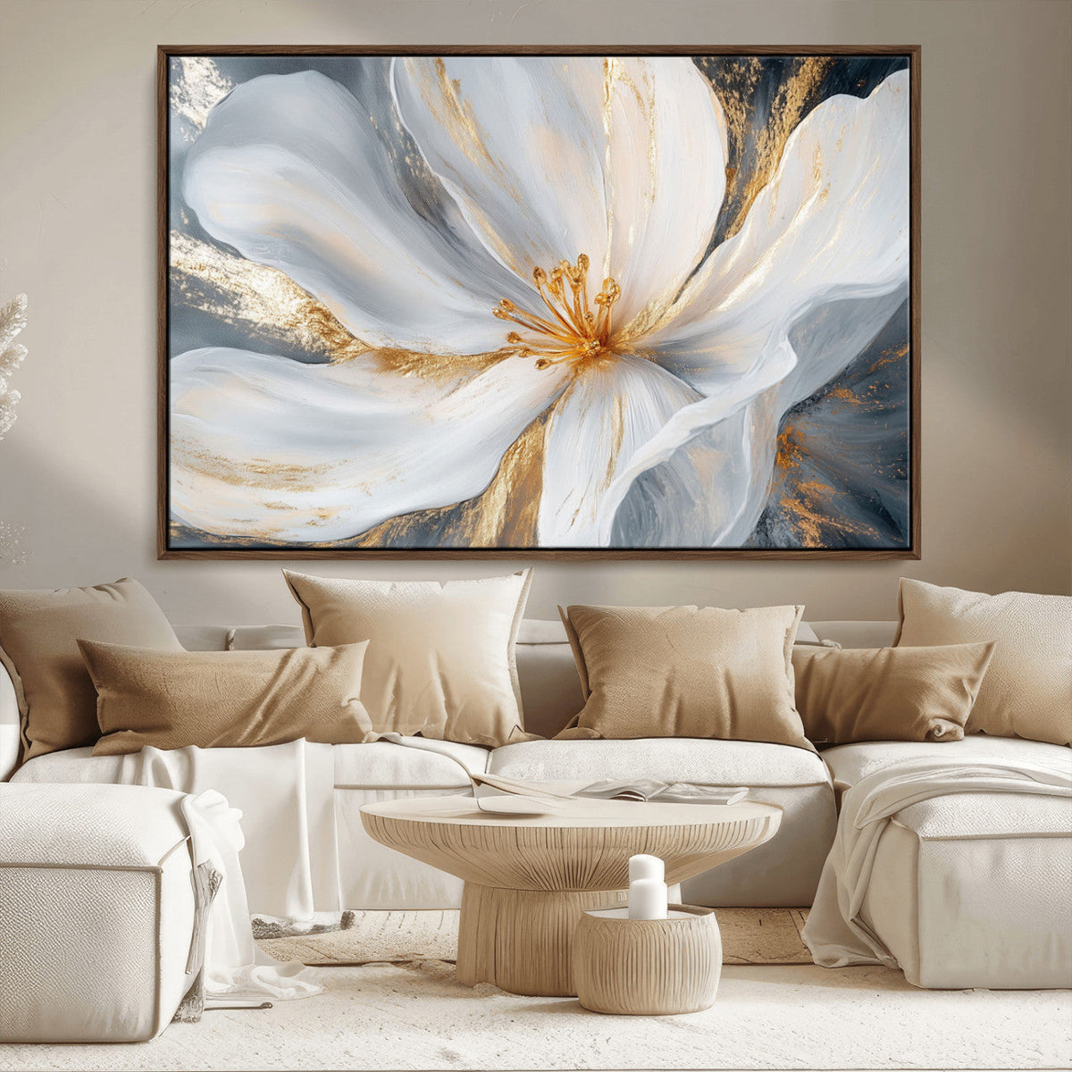 White and Gold Floral Canvas Wall Art - Framed and Ready to