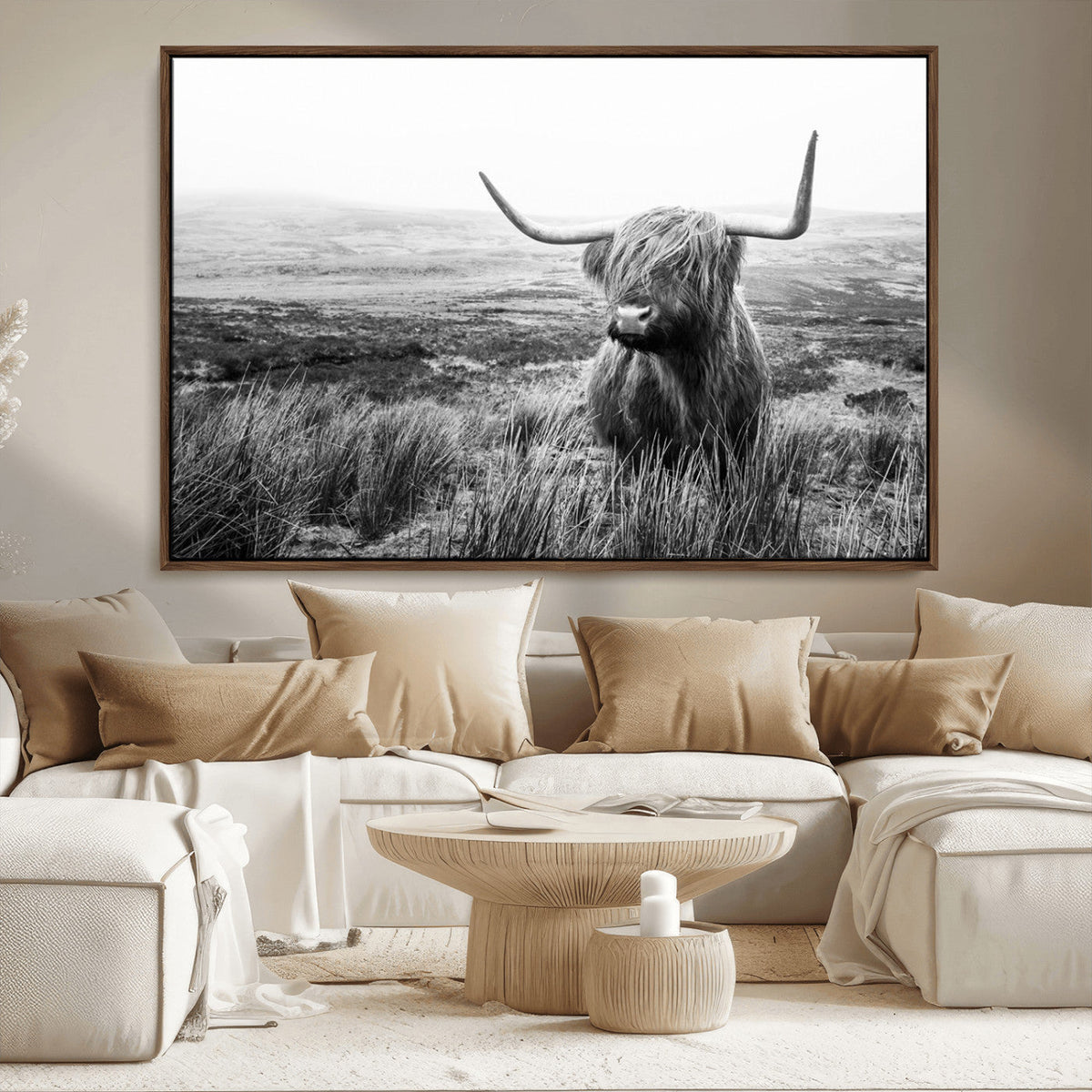Scottish Highland Cow Wall Art | Black and White Canvas