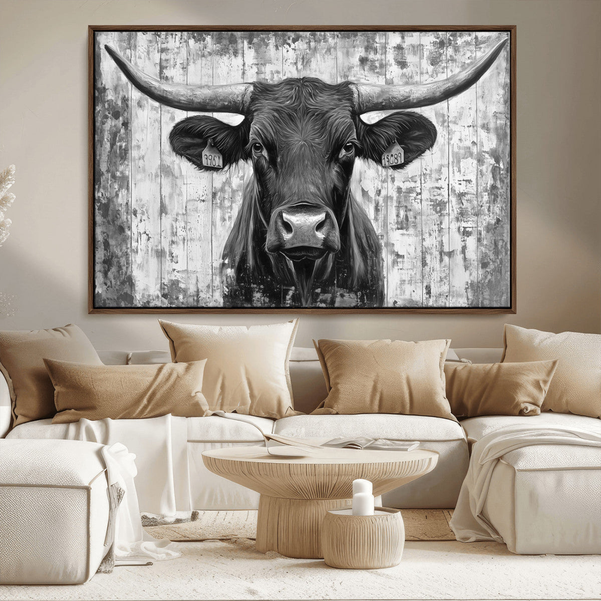 Abstract Longhorn Bull Wall Art Canvas Print - Rustic Texas