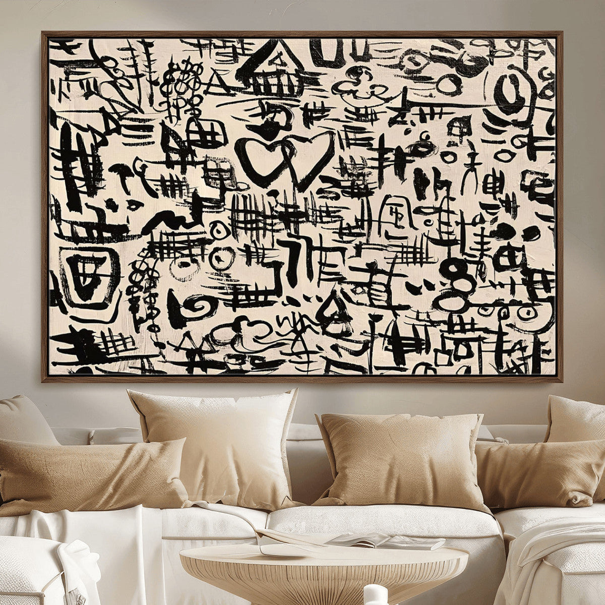 Abstract Love and Chaos Canvas Print, Black Symbols on Beige