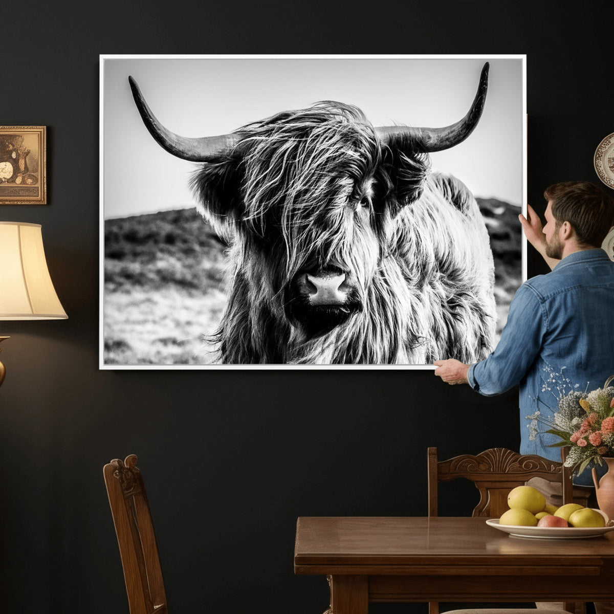 Black and White Scottish Cow Canvas Wall Art Highland Cattle