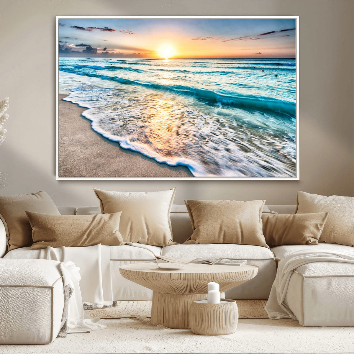 Sunset Beach Waves Canvas Wall Art – 5-Panel Ocean Sunset