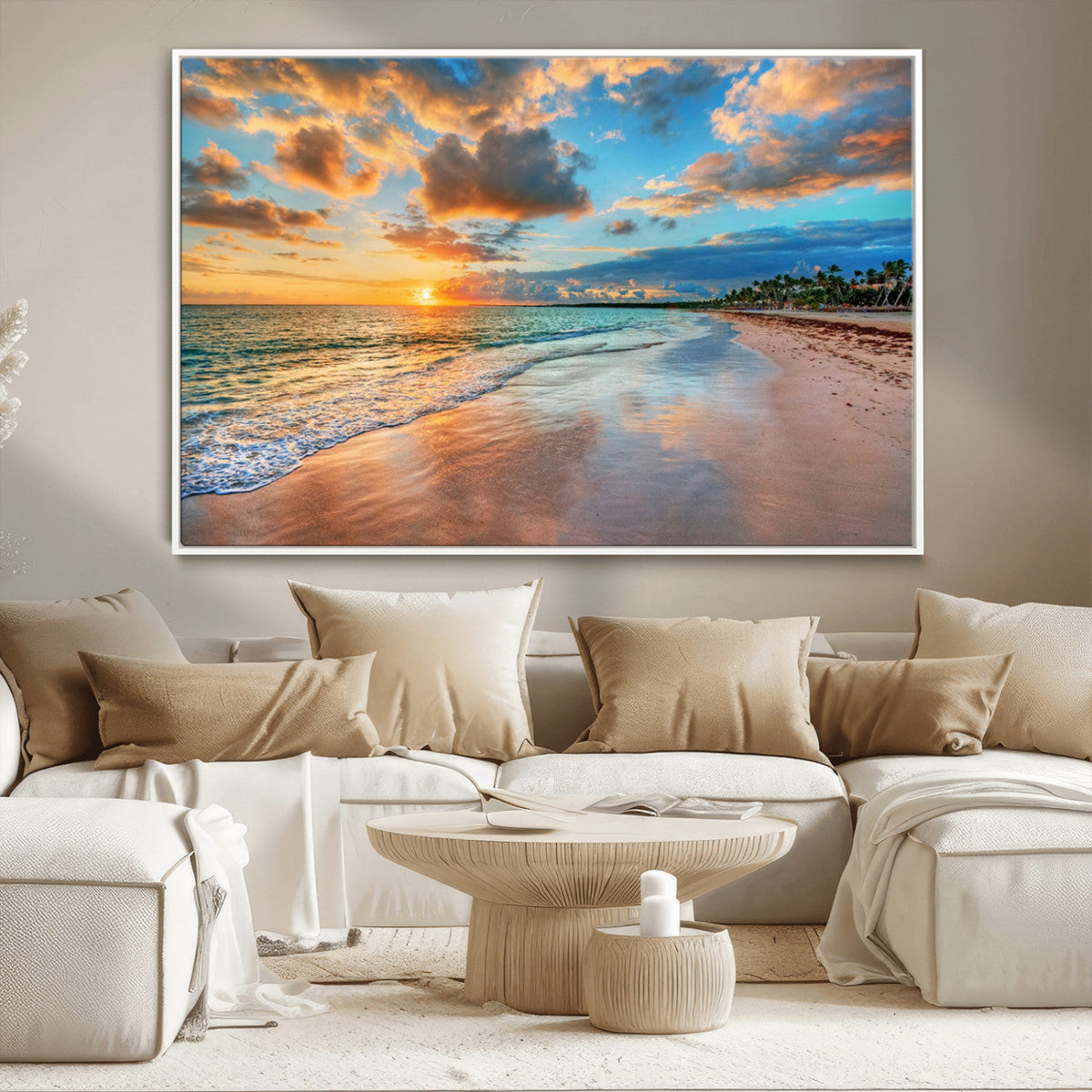 Sunset Ocean Waves on Tropical Beach, 3-Panel Giclee Canvas