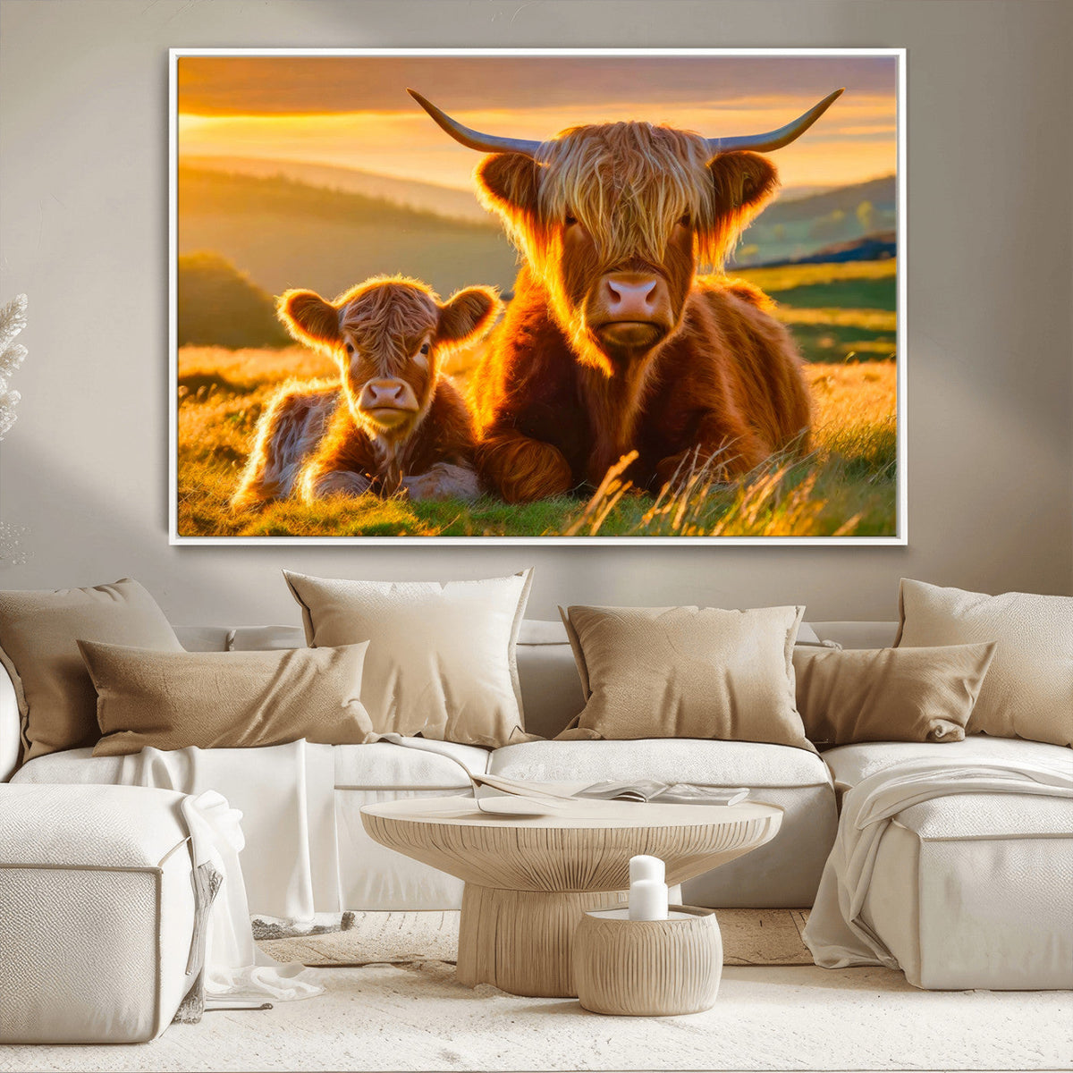 Scottish Cow and Baby Cow Canvas Wall Art Animal Print