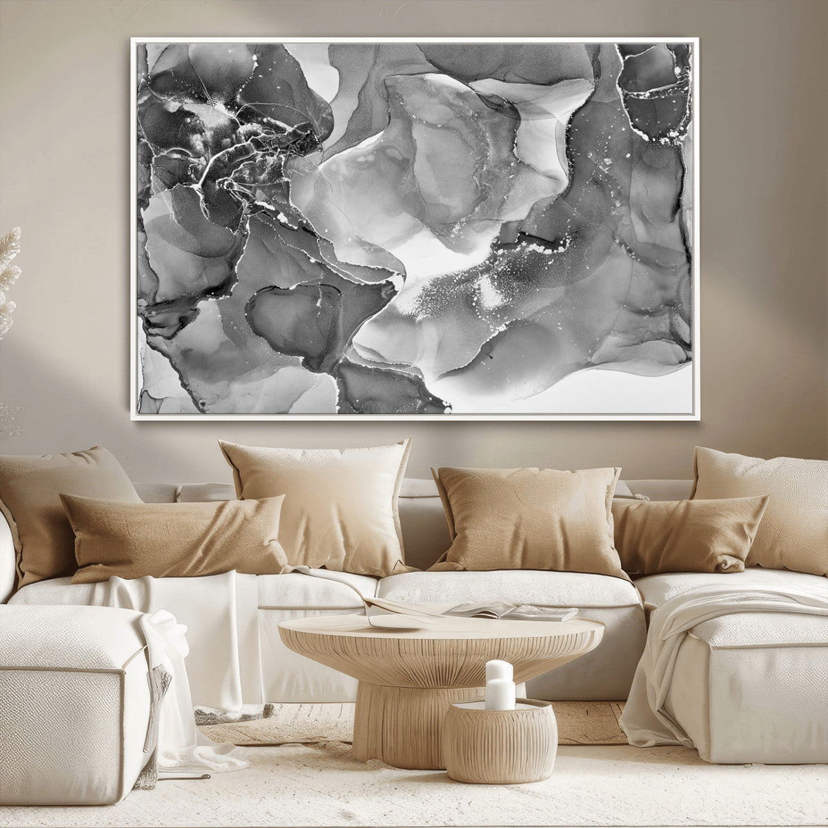 Black White Abstract Canvas Wall Art - Fluid Ink Artwork -