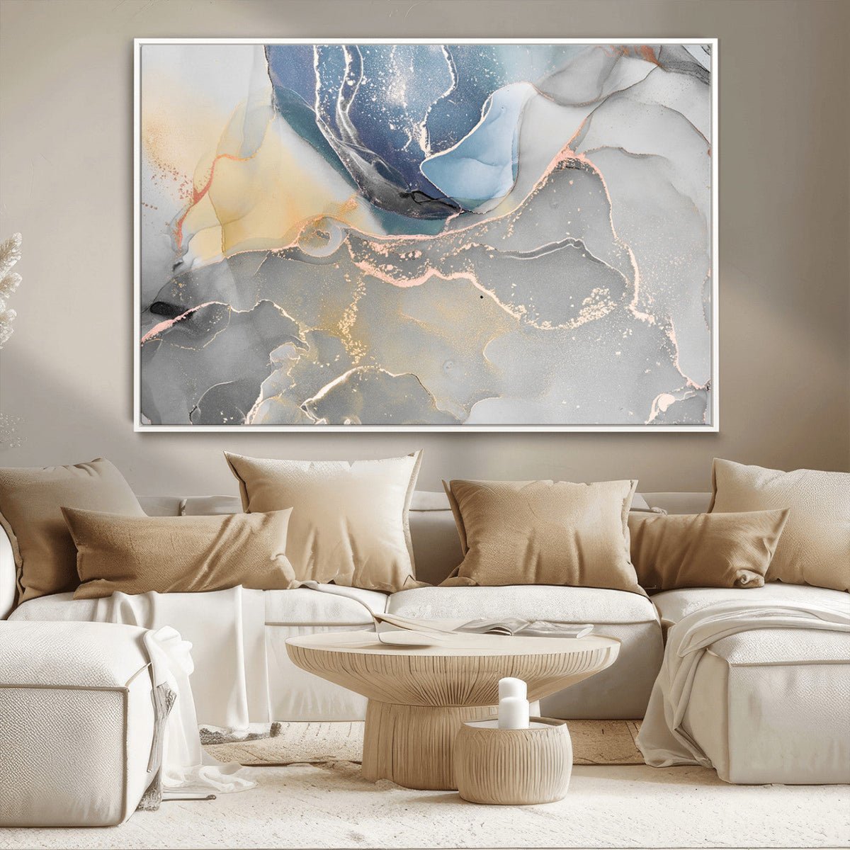 Large Abstract Blue and Gold Canvas Wall Art | Fluid Ink