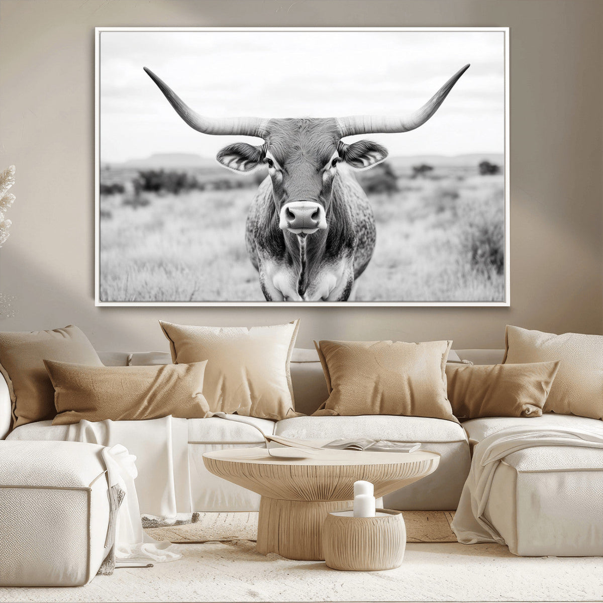 Highland Cow Wall Art Canvas Print – Black and White Western