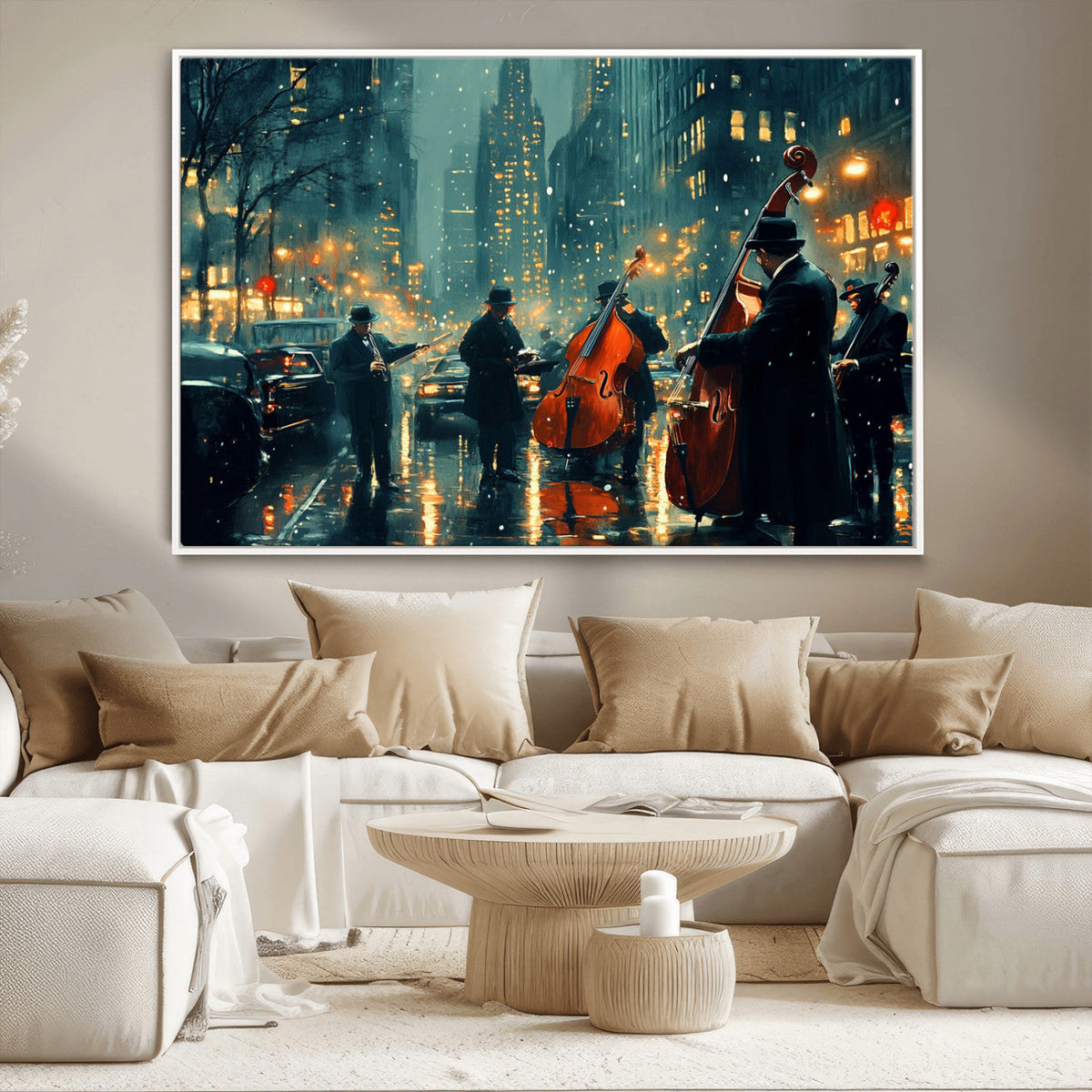 Urban Night Jazz Wall Art Canvas Print – Moody Rain-Soaked