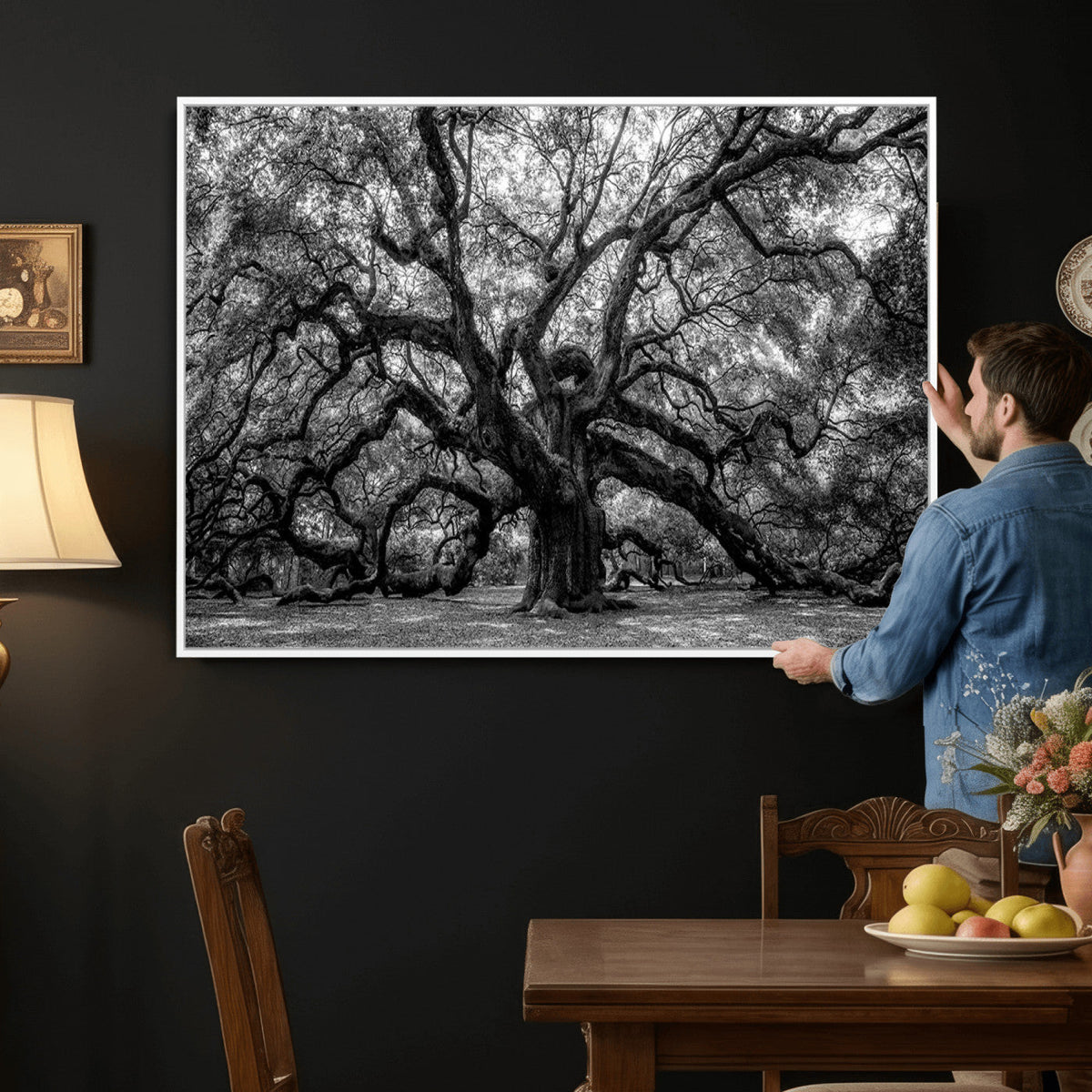 Black and White Old Angel Oak Tree Wall Art Canvas Print