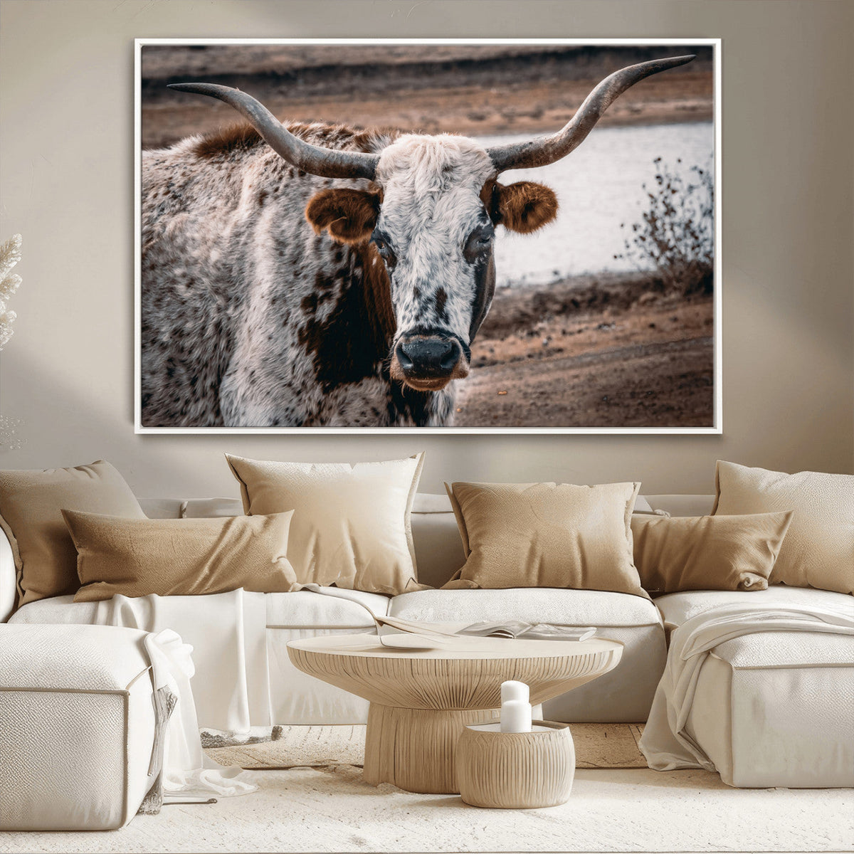 Texas Longhorn Wall Art Canvas Print – Framed Spotted Bull