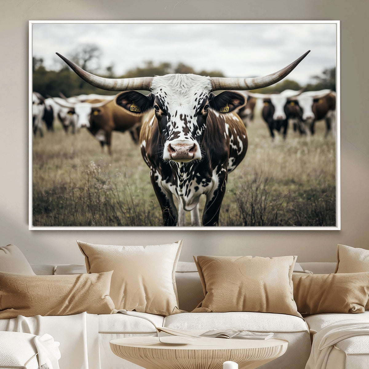 Texas Longhorn Wall Art – Framed Speckled Cow Canvas