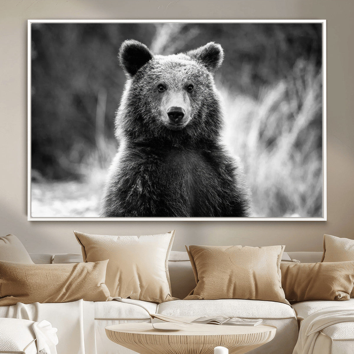 Grizzly Bear Wall Art Canvas Print – Framed Black White