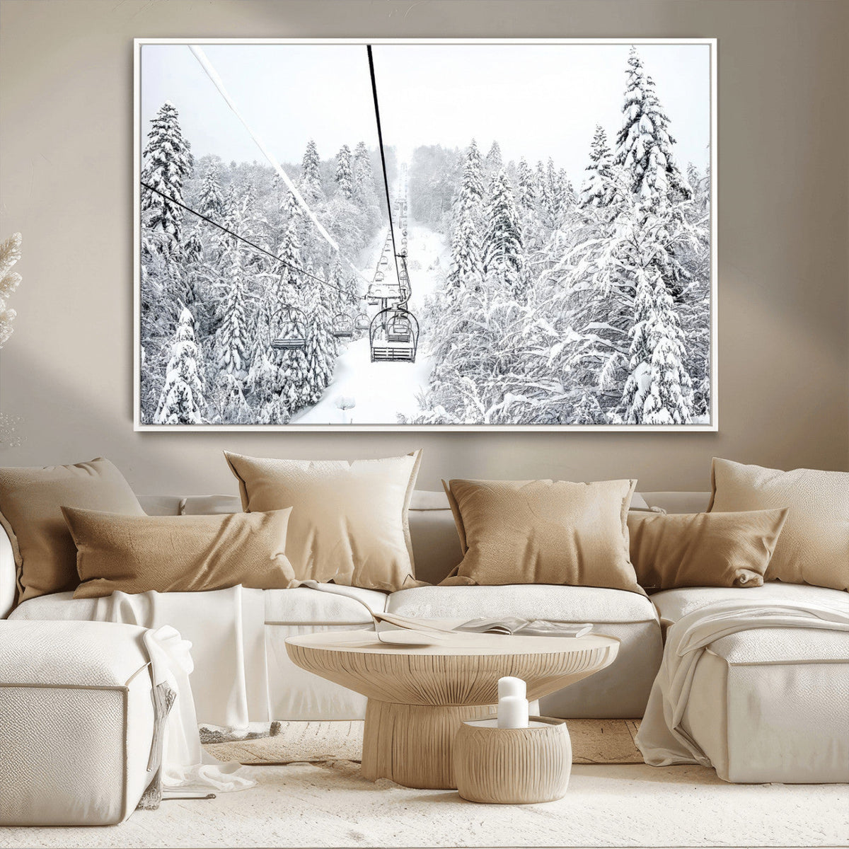 Snowy Ski Lift Wall Art – Framed Winter Mountain Canvas