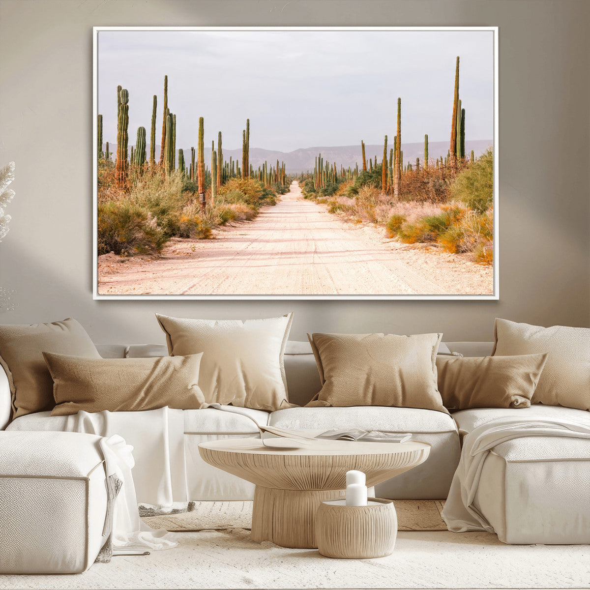 Desert Cactus Lined Road Wall Art Canvas Print – Framed