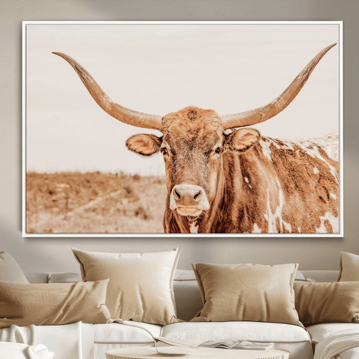 Texas Longhorn Wall Art Canvas Print – Framed Sepia Cow Art
