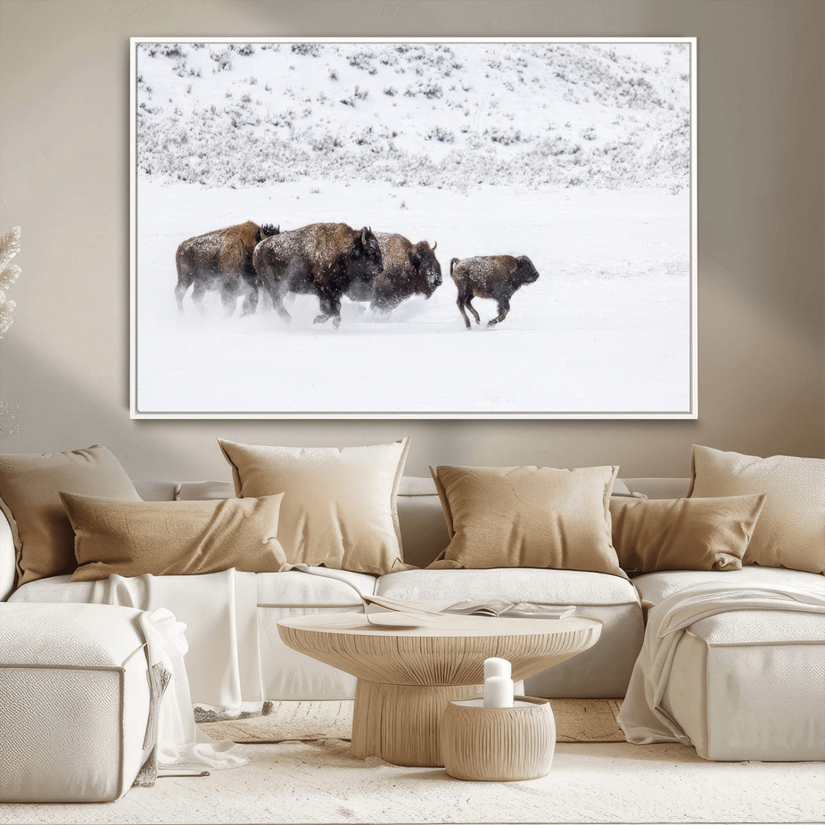 Bison Herd Decor Wall Art Canvas Print – Framed Snowy Bison