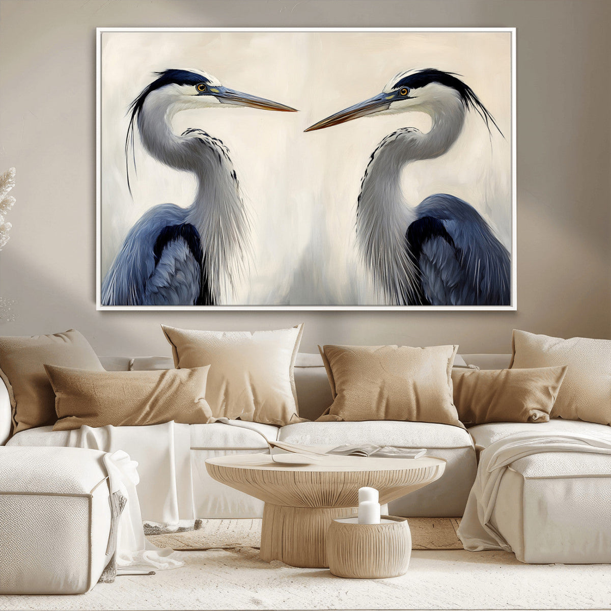 Blue Heron Pair Wall Art Canvas Print, Framed Coastal Bird