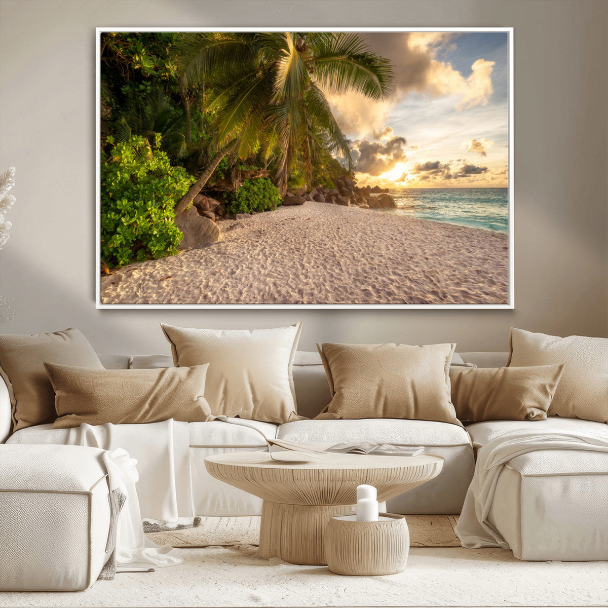 Tropical beach sunset, palm trees, white sand, ocean waves,