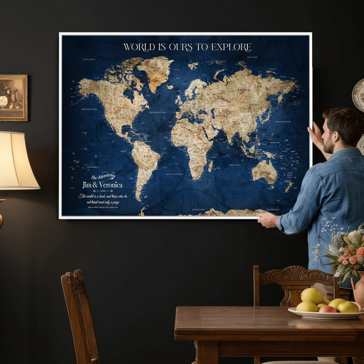 Framed Custom World Map Canvas Print - Deep Blue World Map