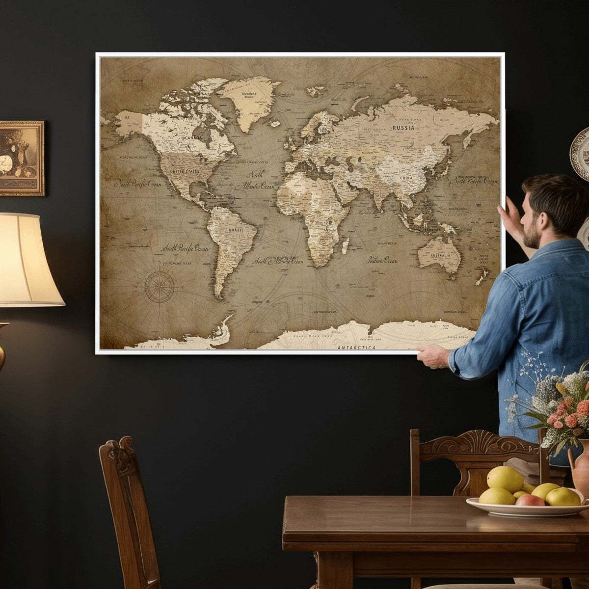World Map Wall Art Canvas Print, Framed Map Art Picture