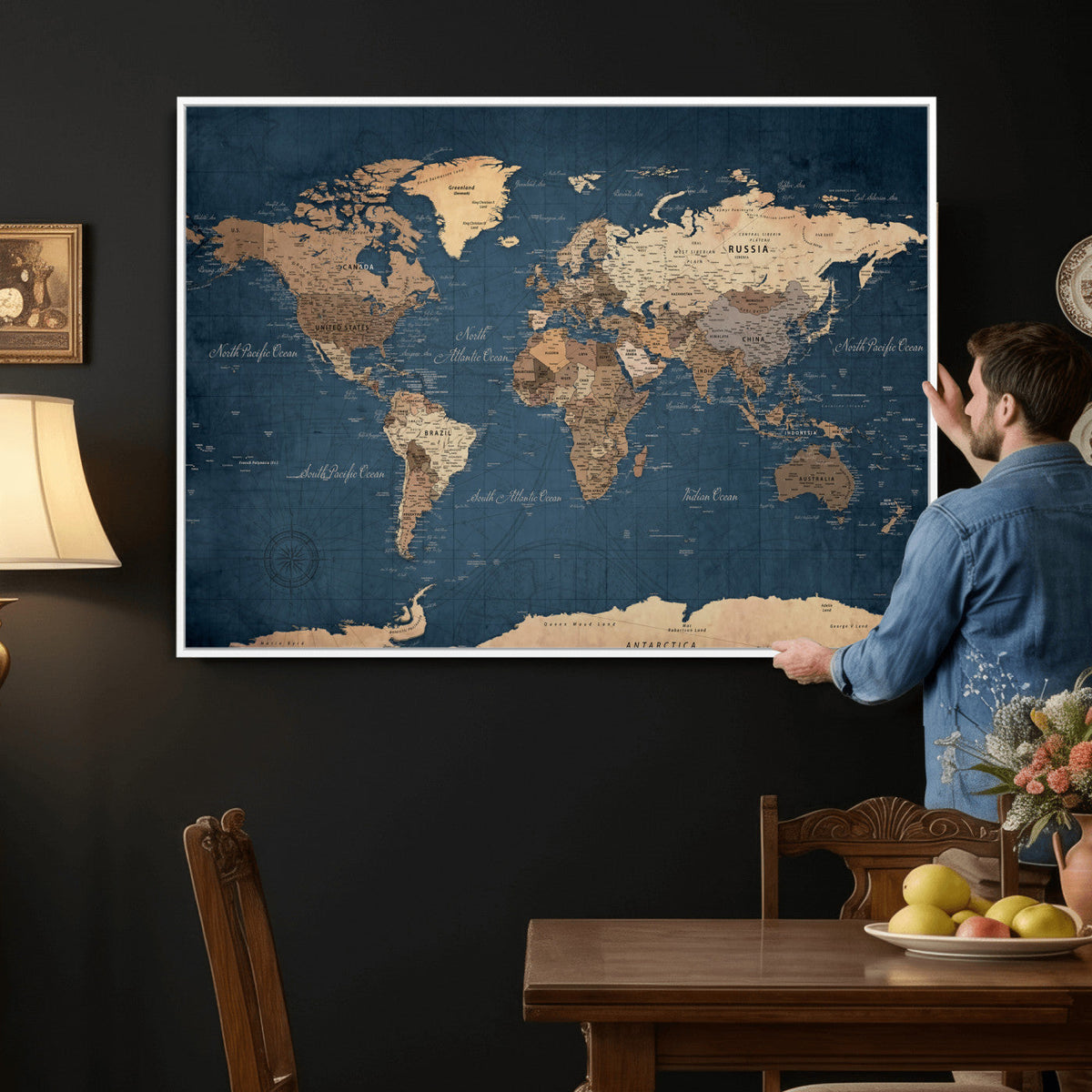 Navy Blue World Map Canvas Print – Framed Travel Map Wall